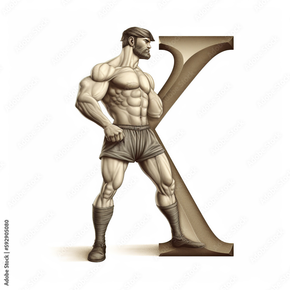 muscle, gym, alphabet, a, b, c, d, f, g, h, j, k, l, m, n, p, q, r, s, t, v, x, z, comic, character, retro, football, worker, hero, player, strong, people, muscular, business, generative ai