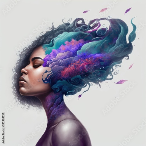 Fictional woman with colored clouds in her hair, environmental concept, created with generative ai