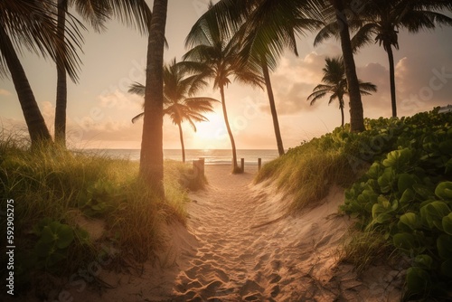 Beautiful Beach Path framed by Palmtrees leading to the Beach,.Hollywood Beach,Sunrise..Miami,South Florida,USA. Generative AI