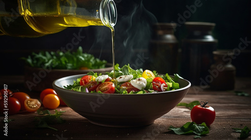 Frischer gr  ner Kopfsalat mit Tomaten in einer Sch  ssel vor schwarzem Hintergrund  garniert mit Oliven  l und Kr  utern - with Generative Al technology