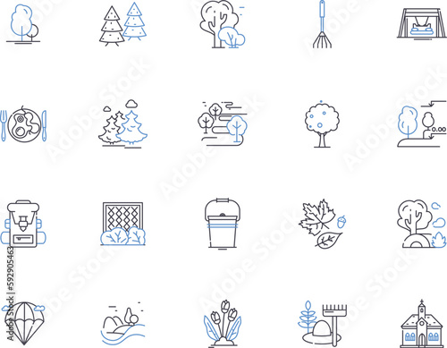 Village outline icons collection. Village, settlement, hamlet, township, rural, homestead, suburban vector and illustration concept set. countryside, town, populace linear signs
