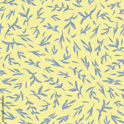 Abstract leaves seamless repeat pattern. Random placed  vector botany all over surface print on yellow background.