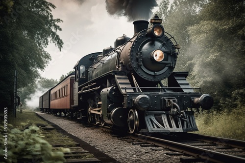 Old steam locomotive traveling by rail railway transport. Generative AI