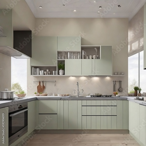 modern kitchen interior with green cabinet  generative ai