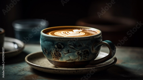 Kaffee Milchkaffee mit Latte Art in sch  ner Tasse vor schwarzem Hintergrund with Generative Al technology