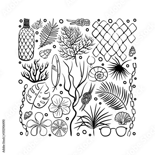 Vector outline sea shore collection isolated on white background. Hand drawn illustration
