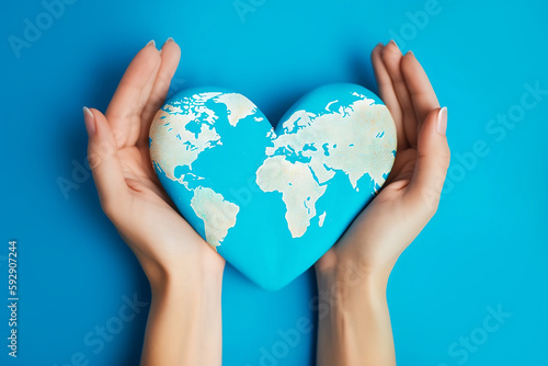 Hands holding heart shaped planet earth. Generative AI illustration