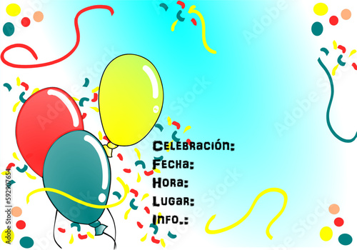 Tarjeta de invitación para celebración, cumpleaños o evento. Diseño vectorial de feliz cumpleaños, globos , decoración de fiesta de confeti. Ilustración en Vector