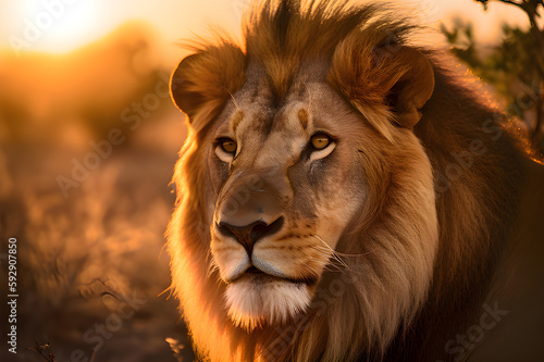 A close-up of a majestic lion in its natural habitat, with the golden sun setting behind it. 