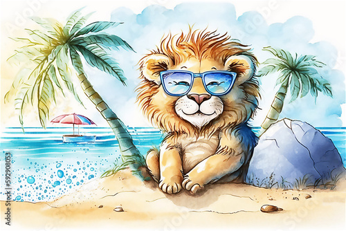 Cute Cartoon Summer Lion baby on a Beach with Sunglasses. Generative AI. watercolor Illustration