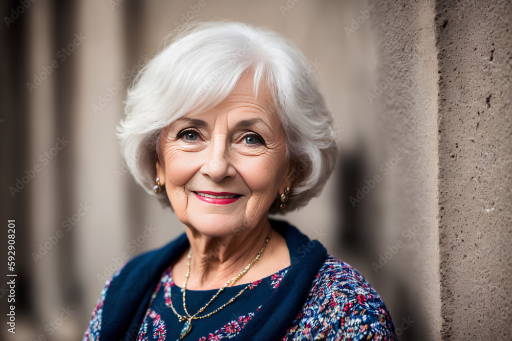Illustration of happy woman wearing jewellery. Short, grey hair. Generative AI. Illustration of happy woman wearing jewellery. Short, grey hair. Generative AI.