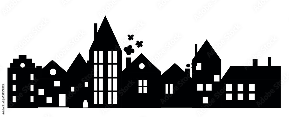 house city street home silhouette european holland houses with chimneys broad walk view illustration doodle cartoon style cottage