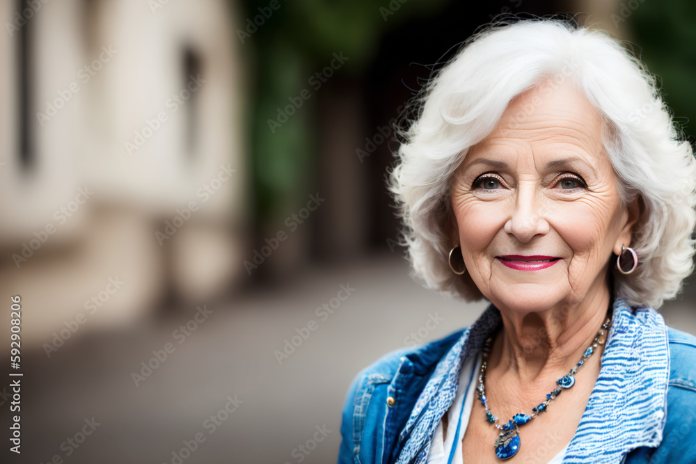 Elder woman wearing formal clothes. Blurred city background. Generative AI. Elder woman wearing formal clothes. Blurred city background. Generative AI.
