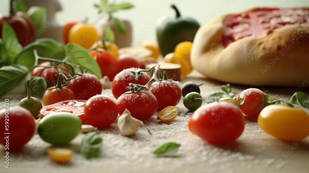 Zutaten für italienische Pizza mit dekorativem Gemüse vor hellem Hintergrund im Studio - with Generative Al technology Zutaten für italienische Pizza mit dekorativem Gemüse vor hellem Hintergrund im Studio - with Generative Al technology