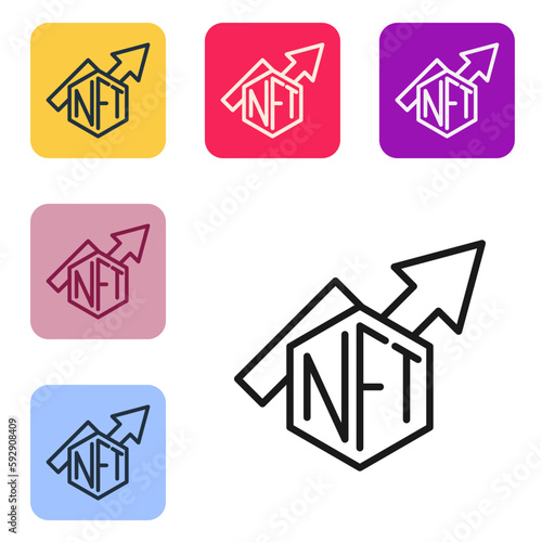 Black line NFT growth bar chart icon isolated on white background. Non fungible token. Digital crypto art concept. Set icons in color square buttons. Vector