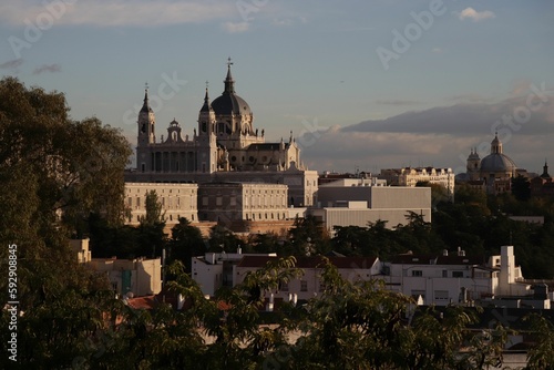 Cathedral of Saint Mary the Royal of La Almudena in Madrid, Spain at sunset