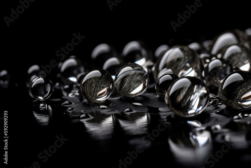 Beading drops of water on black surface, water pearls, background, Generative AI photo