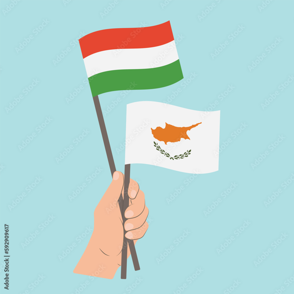 Flags of Hungary and Cyprus, Hand Holding flags Flags of Hungary and Cyprus, Hand Holding flags