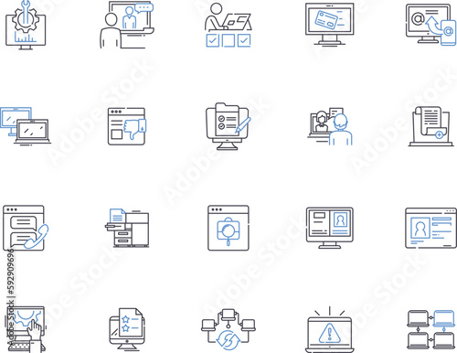 Computer outline icons collection. Computer, Hardware, Software, Monitor, Keyboard, Mouse, Processor vector and illustration concept set. RAM, Motherboard, Graphics linear signs