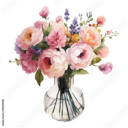Vintage flower watercolor spring concept. Vintage flowers bouquet with spring flowers and leaves for invitation, greeting card, poster, frame, wedding, decoration and more.