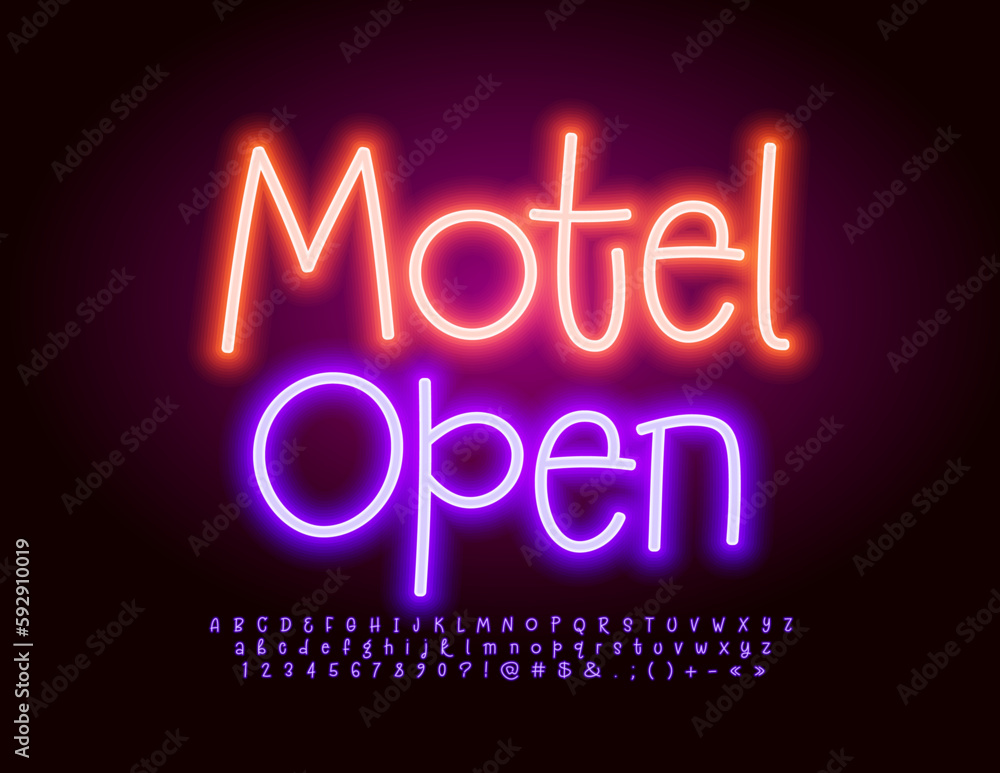 Vector travel banner Motel Open. Bright glowing Font. Electric Alphabet Letters and Numbers set Vector travel banner Motel Open. Bright glowing Font. Electric Alphabet Letters and Numbers set