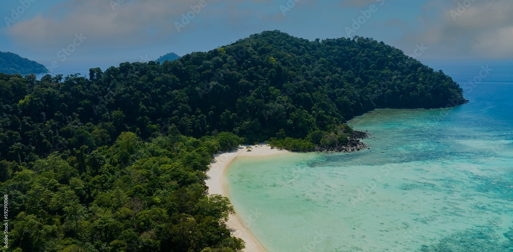 Aerial view with the island with the tropical Summer with wave water as white sand beach background