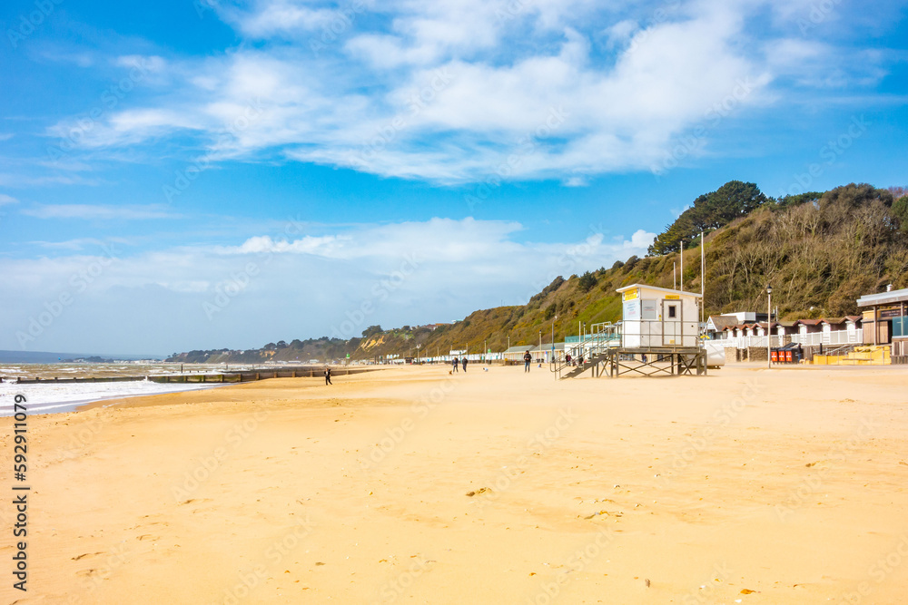 A view along Bournemouth Beach, a sandy beach in Dorset, UK in April 2023