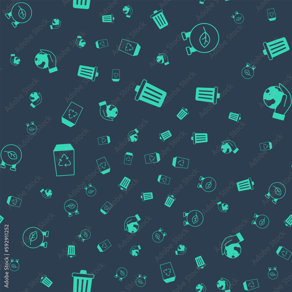 Naklejka premium Set Trash can, Eco shop, Recycle bin and Hand holding Earth globe on seamless pattern. Vector