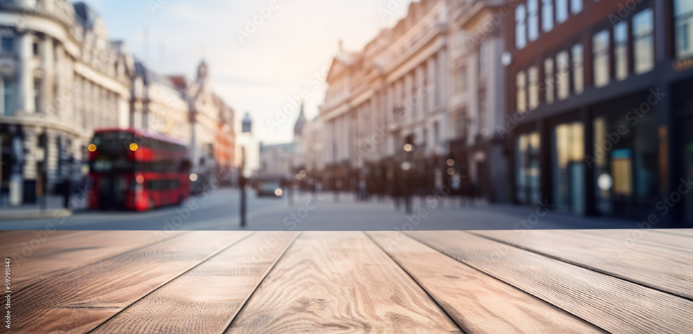 Wood table mockup with London city street in shallow depth of field. Copy space for product. Generative AI