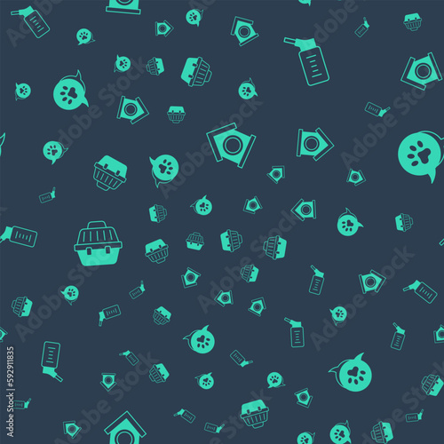 Set Dog house, Drinker for small pets, Pet carry case and Paw print on seamless pattern. Vector