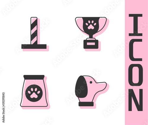 Set Dog, Cat scratching post with toy, Bag of food for pet and Pet award symbol icon. Vector