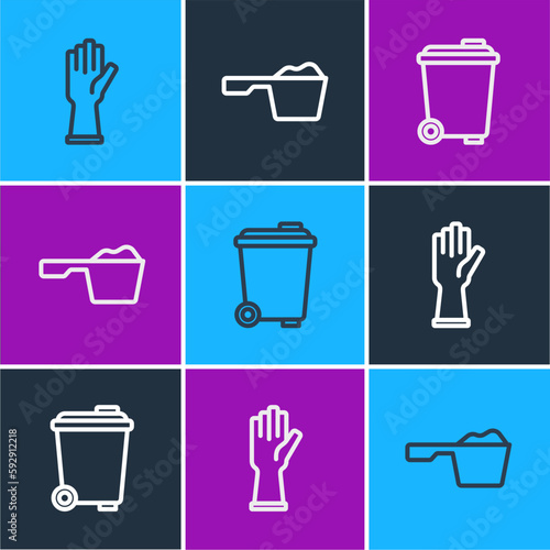 Set line Rubber gloves, Trash can and Washing powder icon. Vector