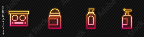 Set line Spray can for hairspray, Eye shadow palette, Antiperspirant deodorant roll and Cream lotion cosmetic tube. Glowing neon icon. Vector