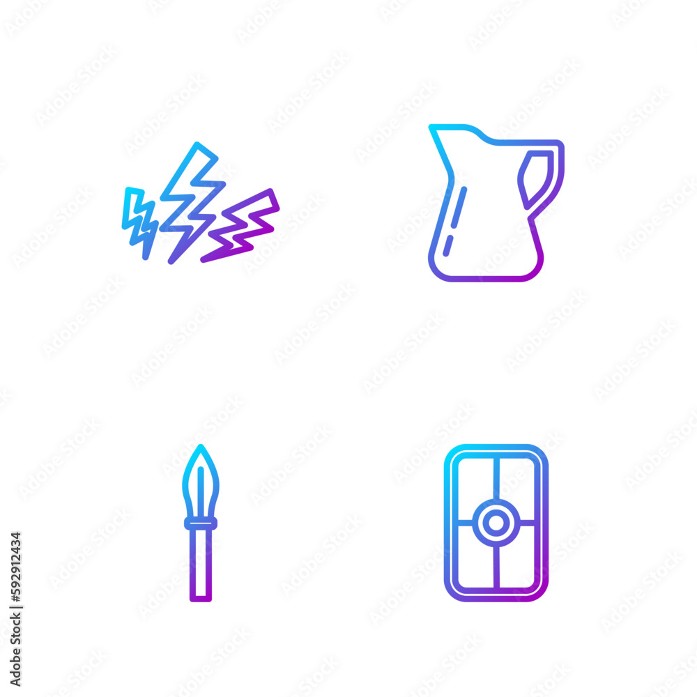 Set line Greek shield, Medieval spear, Zeus and Bottle of olive oil. Gradient color icons. Vector Set line Greek shield, Medieval spear, Zeus and Bottle of olive oil. Gradient color icons. Vector