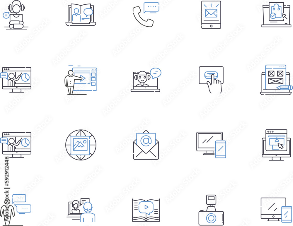 Mass media outline icons collection. Media, Mass, Journalism, Broadcast, Communication, Public, Television vector and illustration concept set. Radio, Social, Networking linear signs