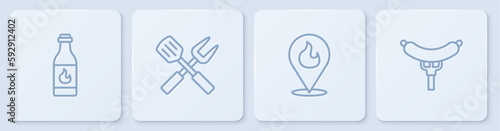 Set line Tabasco sauce, Location with fire flame, Crossed fork and spatula and Sausage the. White square button. Vector