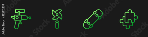 Set line Skateboard, Ray gun, Pinwheel toy and Puzzle pieces. Gradient color icons. Vector