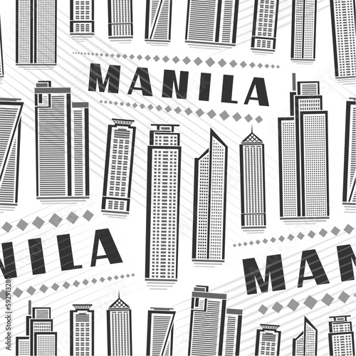 Vector Manila Seamless Pattern  repeat background with illustration of famous modern manila city scape on white background for wrapping paper  monochrome line art urban poster with black word manila