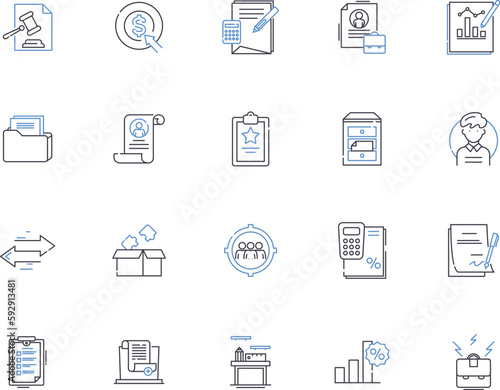 Business office outline icons collection. Office, Business, Building, Desk, Suite, Chair, Computer vector and illustration concept set. Furniture, Printer, Meeting linear signs