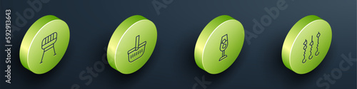Set Isometric line Barbecue grill, Picnic basket, Wine glass and Grilled shish kebab on skewer icon. Vector
