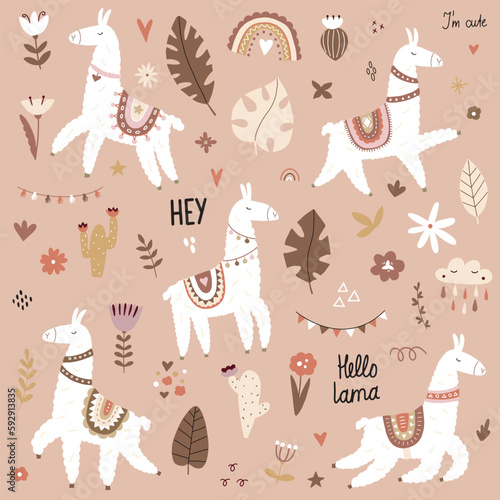 Set of cute llamas  alpacas  cacti  tropical plants and scandinavian elements. Vector funny boho style hand drawn illustration for your design