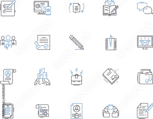 Office design outline icons collection. Office, Design, Interior, Decoration, Layout, Arrangement, Architecture vector and illustration concept set. Furnishings, Colors, Lighting linear signs