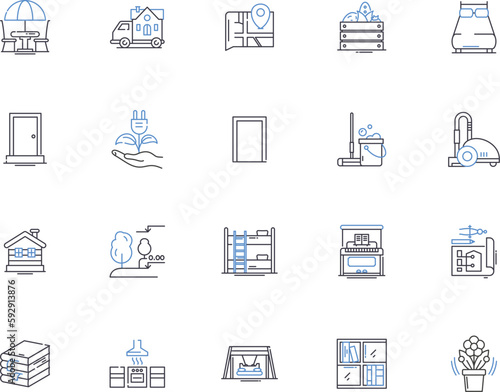 Living at home outline icons collection. Dwell, Reside, Abide, Occupy, Co-habit, Inn, Household vector and illustration concept set. Home, Surviving, Lounging linear signs