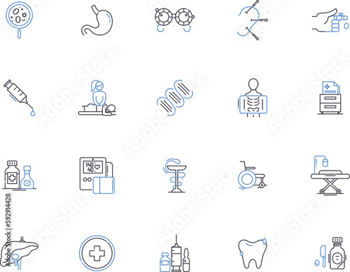 Hospital outline icons collection. Hospital, Clinic, Facility, Care, Treatment, Medicine, Ward vector and illustration concept set. Emergency, Surgery, Illness linear signs
