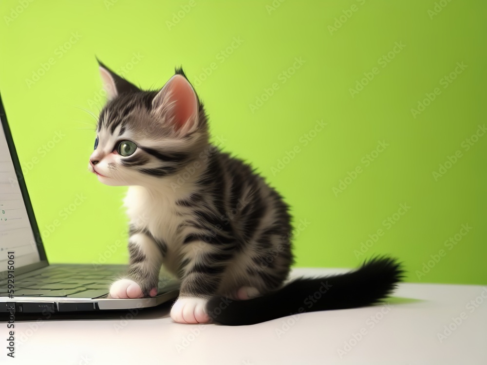 Kitten sitting in front of a laptop with light green background. Kitten sitting in front of a laptop with light green background.