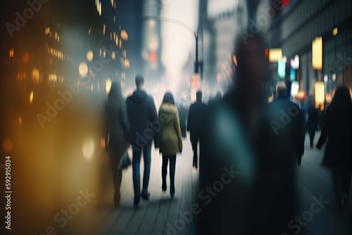 Blurred business people walking street in city with bokeh lights. Crowd. Motion blurry. Generative AI
