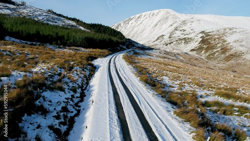 Aerial view of the Muckish gap road in winter Muckish Mountain in County Donegal, Ireland photo