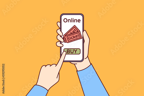 Hands with mobile phone using applications to buy tickets for football match or concert of musical group. Smartphone with website selling tickets for entertainment events or educational seminars 