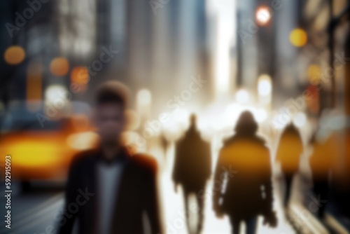 Blurred business people walking street in city with bokeh lights. Crowd. Motion blurry. Generative AI