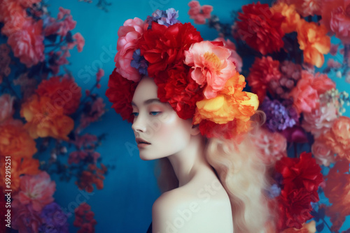 peony woman art spring flower summer bouquet caucasian beauty fashion portrait. Generative AI.